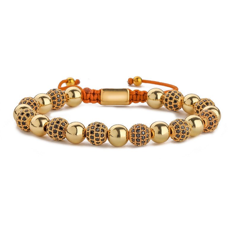Wholesale Crown 8mm Micropaved Zirconia Gold Diamond Ball Copper Bead Braided Bracelet